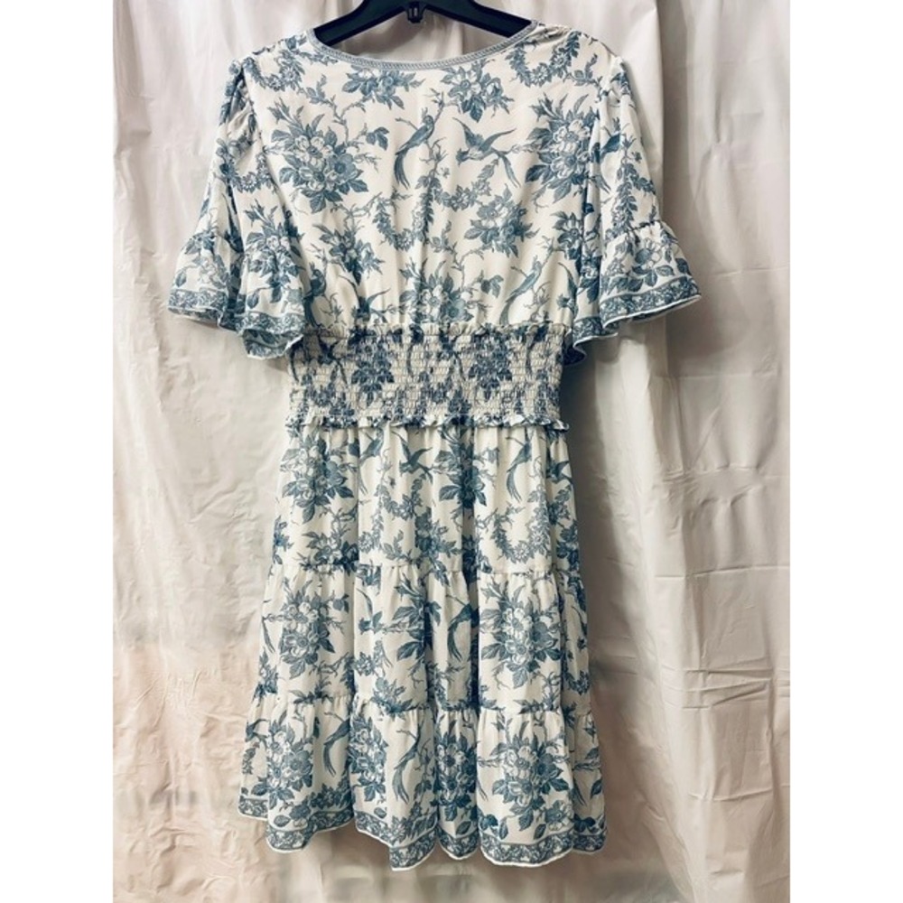 Max Studio Blue Toile de Jouy Bird Floral Smocked Tiered Ruffle Dress Sz S/M - Picture 5 of 10